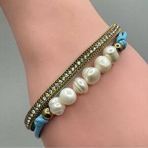 Freshwater Pearl & Clear Rhinestone Blue Leather Wrap Bracelet 6.5” Magnetic